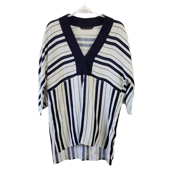 Zara Tunic Top Small Womens Striped Blue Splice‎ Bloggers Favorite 3/4 Sleeve - Picture 1 of 10